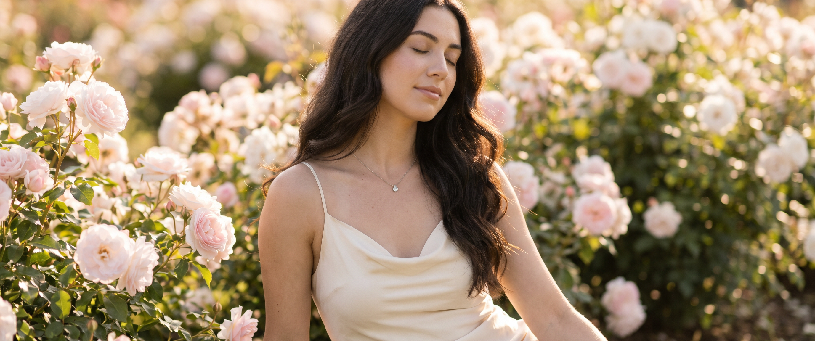 Woman wearing lab-grown diamond pendant in June rose garden, modern June birthstone gift