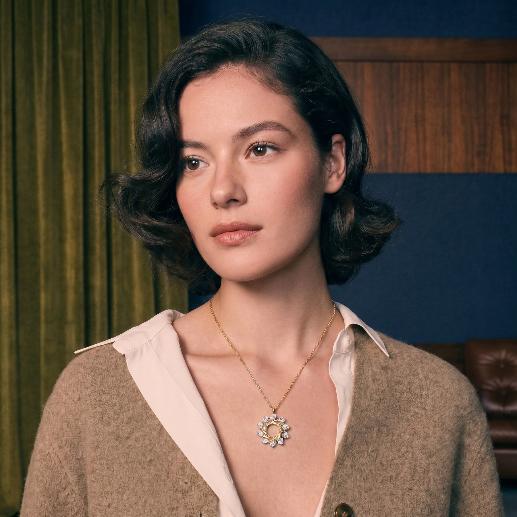 Custom diamond necklace and solitaire pendant in solid gold worn on the collarbone in natural light