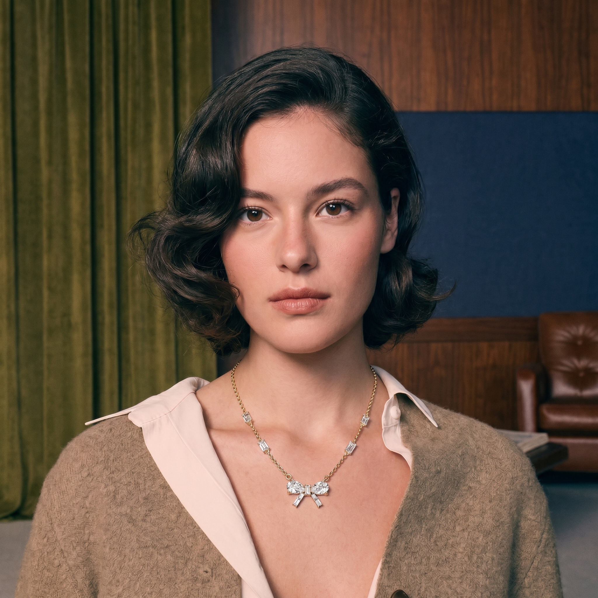 Diamond statement necklace worn on the collarbone in solid gold, editorial evening light