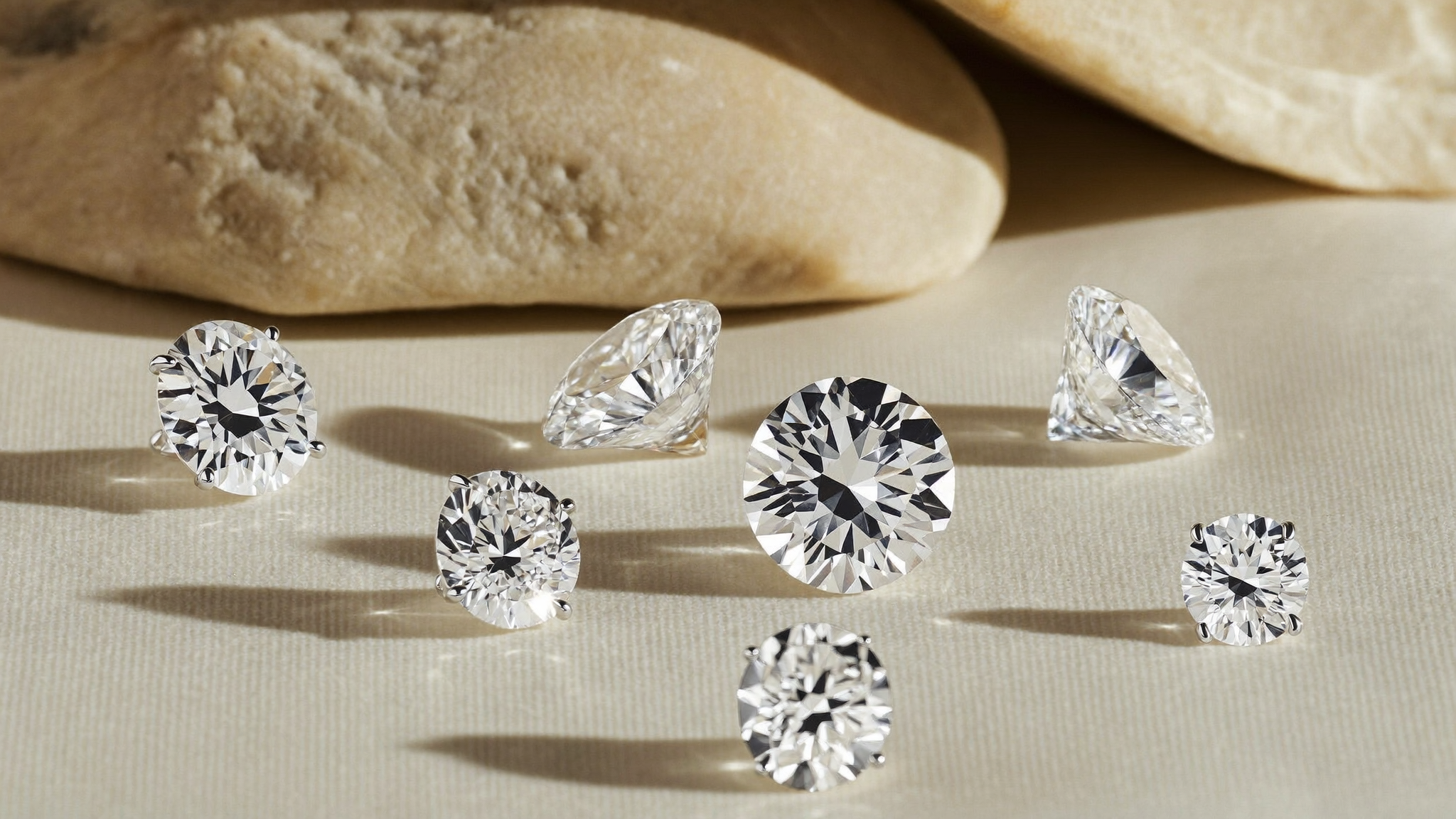 Loose round brilliant lab grown diamonds on warm stone, illustrating lab grown diamond versus moissanite