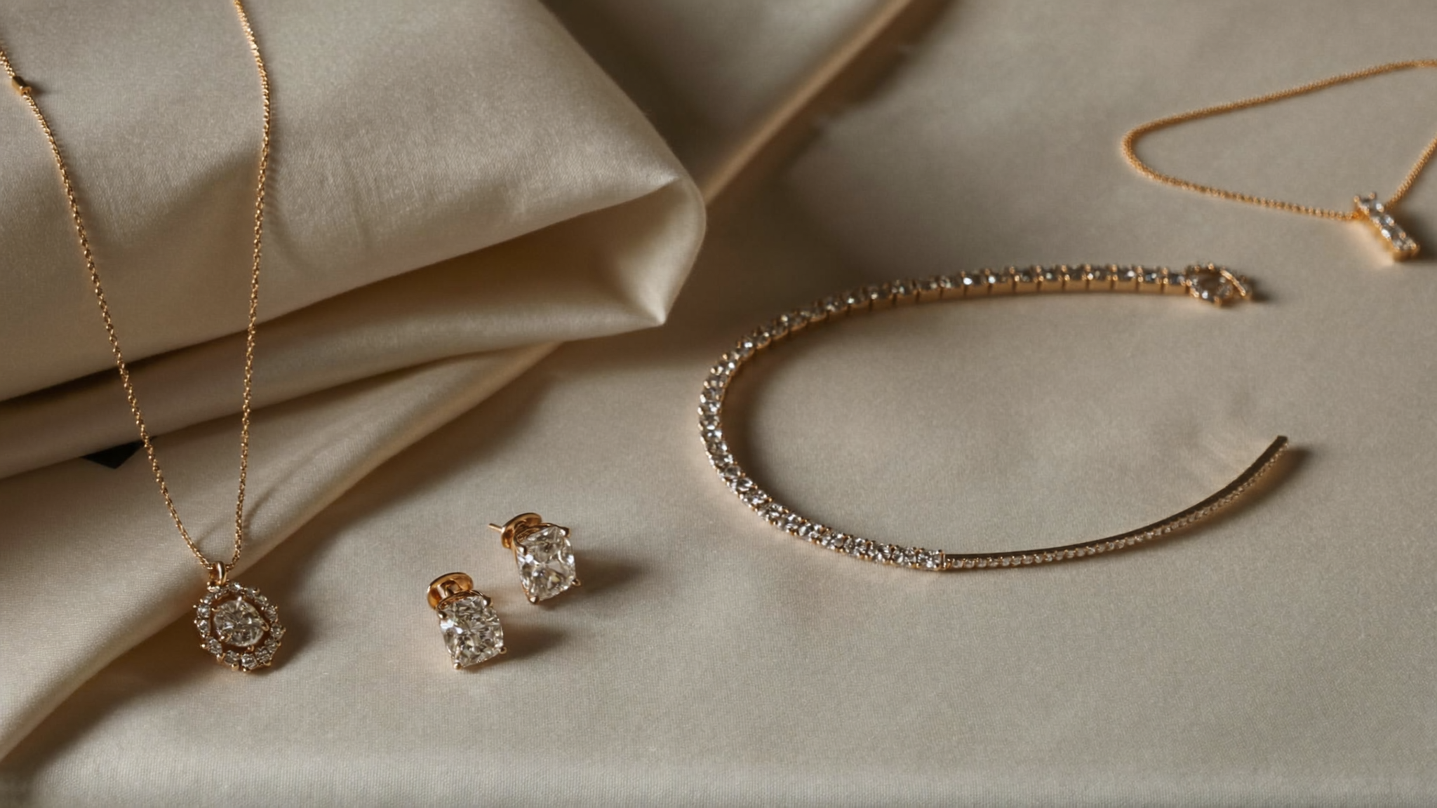 Bridal diamond jewelry flat lay: gold diamond stud earrings, tennis bracelet and pendant on ivory silk, wedding day jewelry