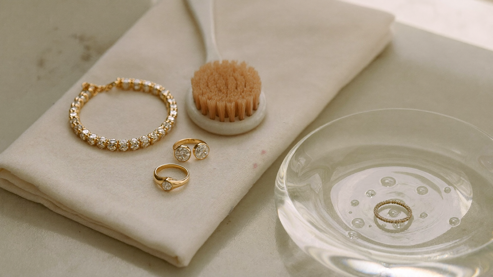 Gold lab grown diamond tennis bracelet, stud earrings, and eternity ring beside a soft brush and dish of water, how to clean diamond jewelry at home