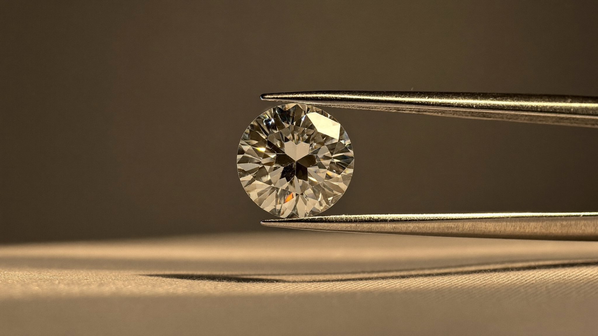 Close-up of a round lab-grown diamond held in tweezers on linen, illustrating a diamond clarity chart guide