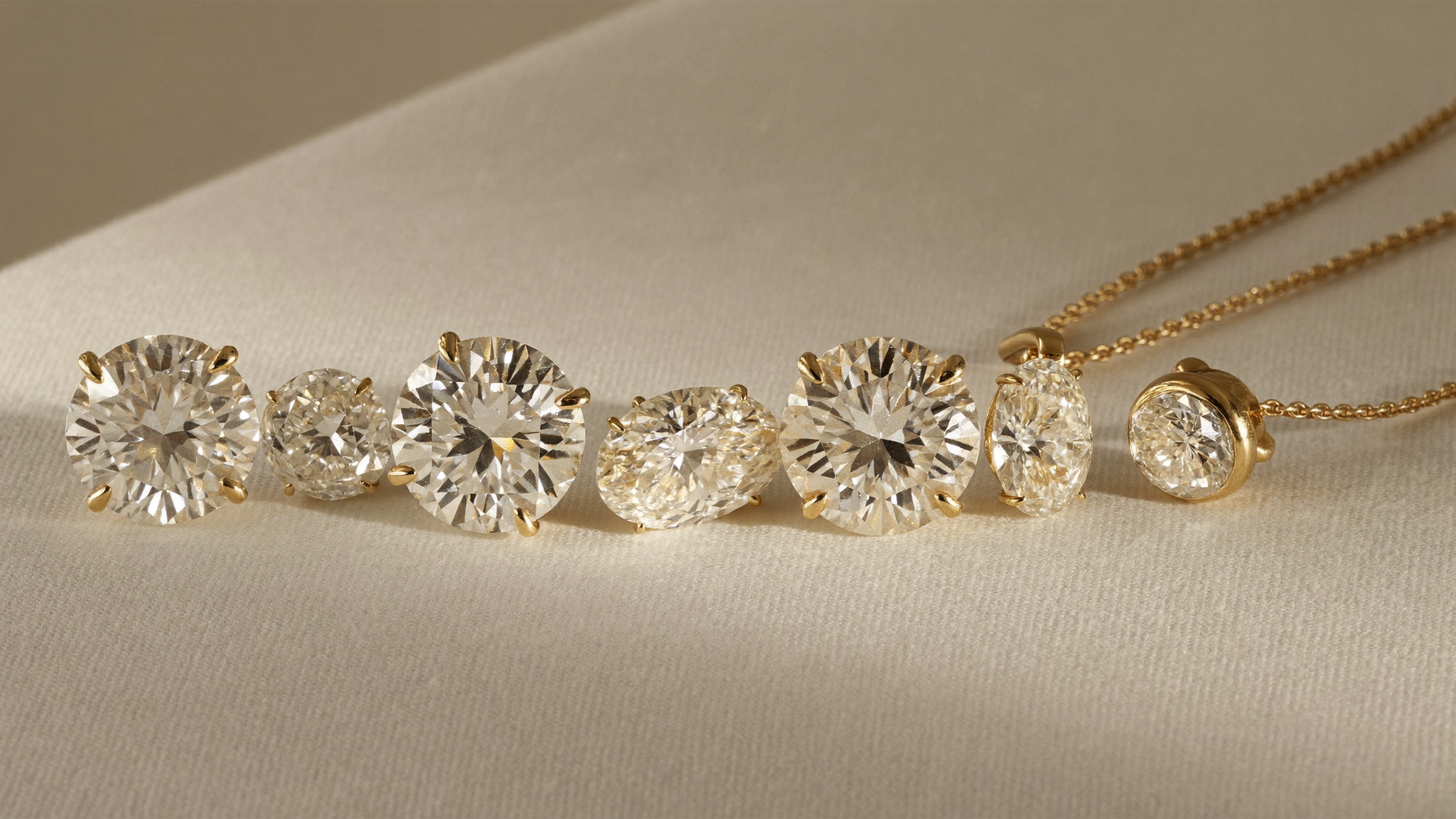 A row of loose round lab-grown diamonds graduating from colorless to warm on cream linen, illustrating the diamond color chart