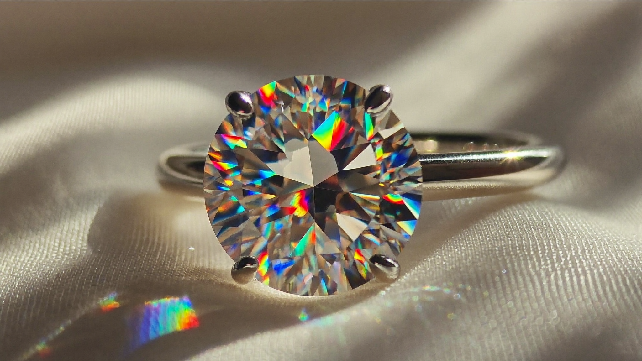 Round brilliant cut diamond solitaire ring in white gold on ivory silk throwing rainbow fire in natural light