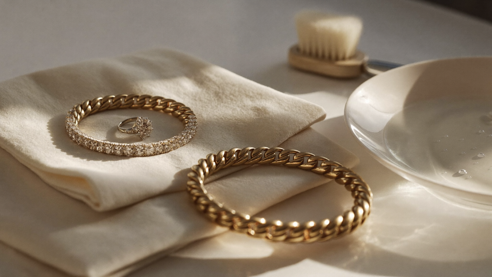 Close-up of a gold diamond tennis bracelet and ring on a cloth with a soft brush, showing how to clean lab grown diamonds at home