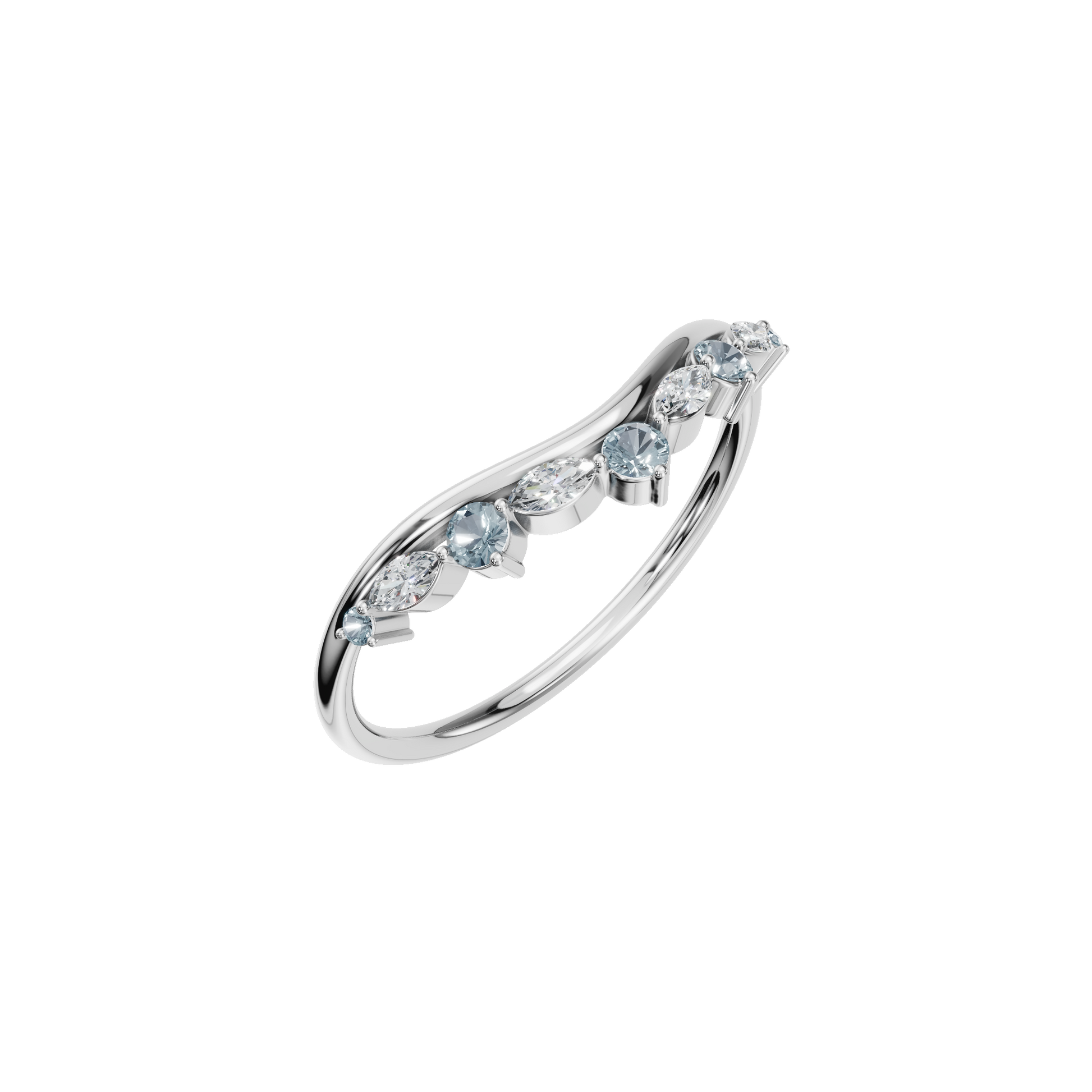 Aqua Arc Diamond Marquise Ring in White Gold angled view | Roomy's Jewellery