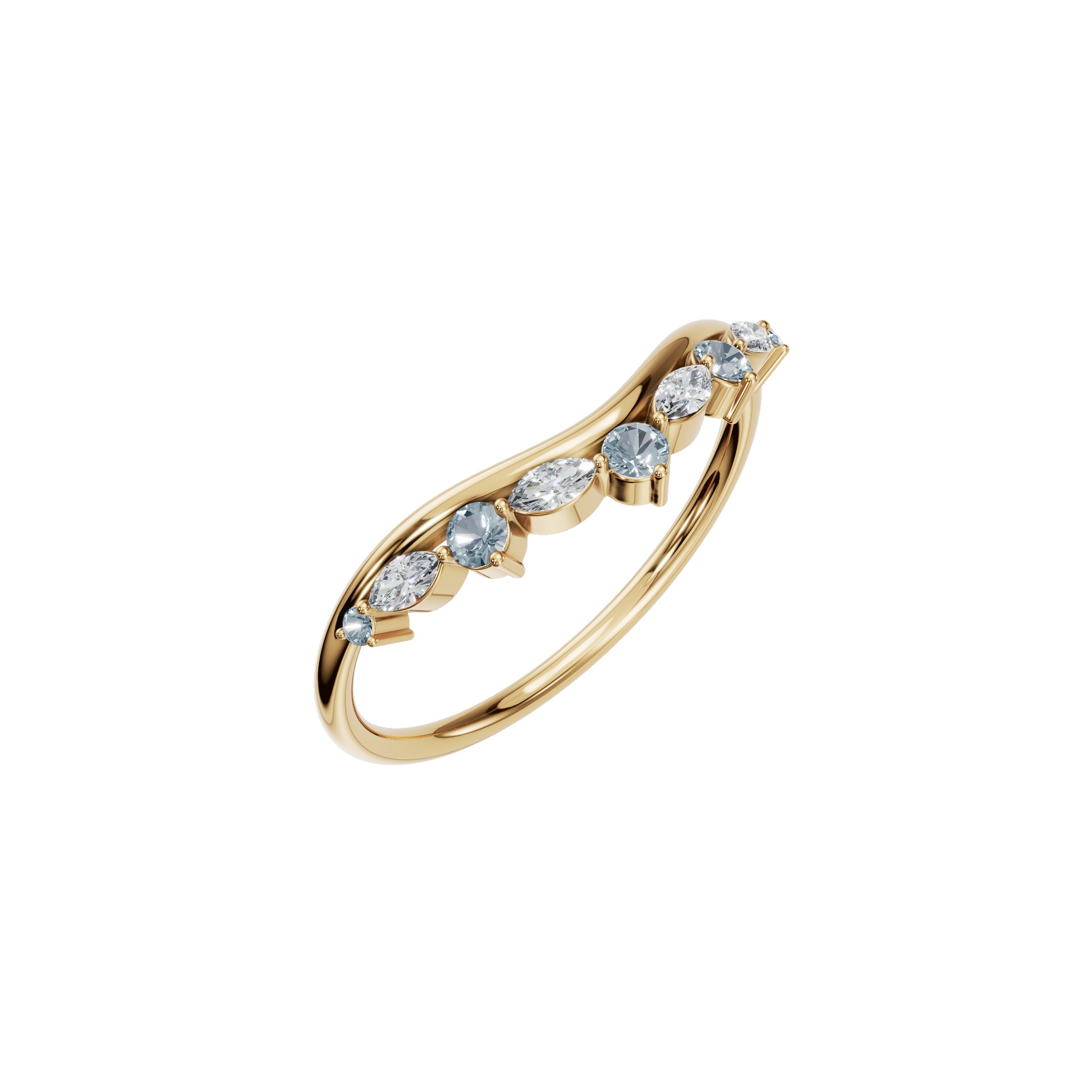 Aqua Arc Diamond Marquise Ring in Yellow Gold angled view | Roomy's Jewellery