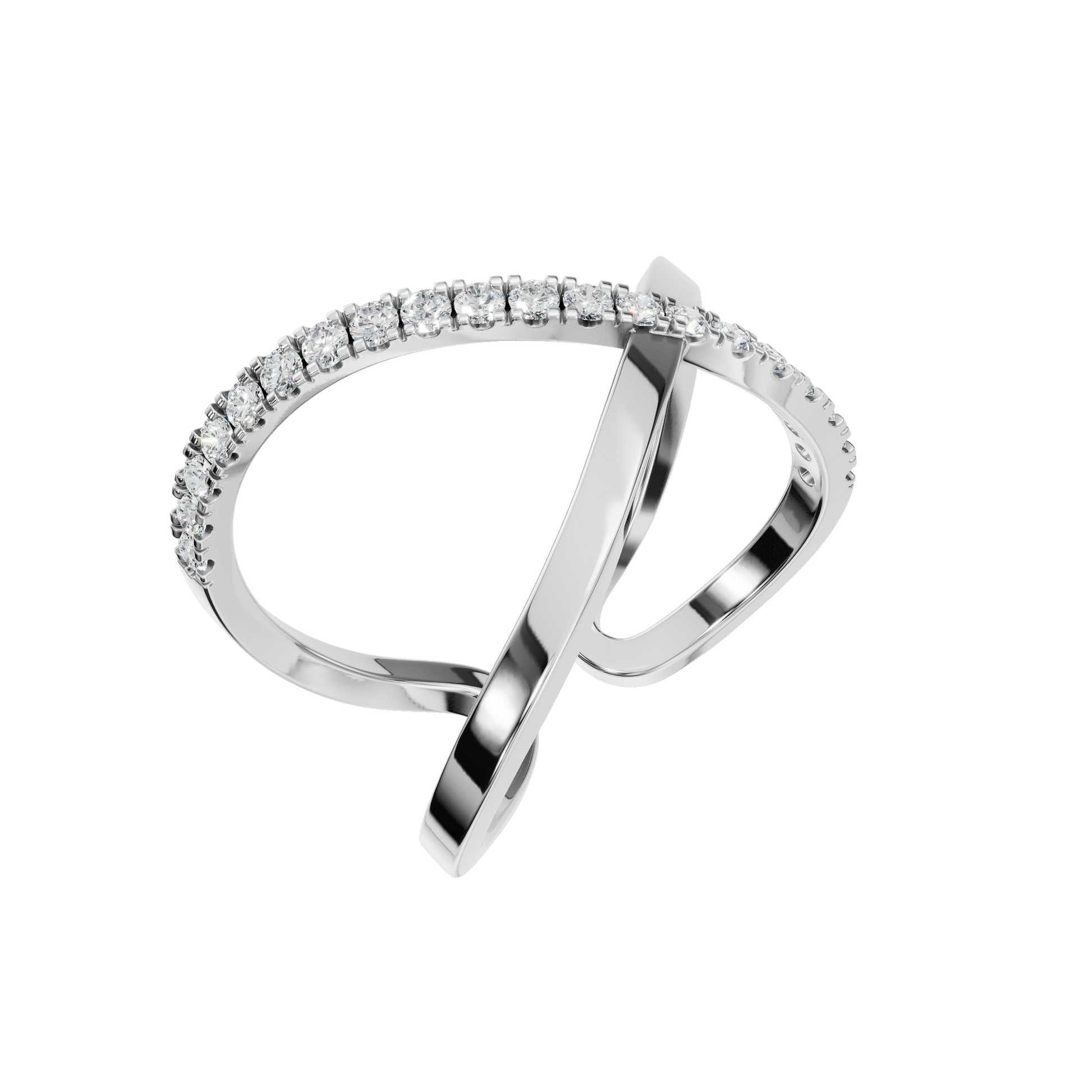 Kismet Diamond Crossover Ring in White Gold angled view | Roomy's Jewellery