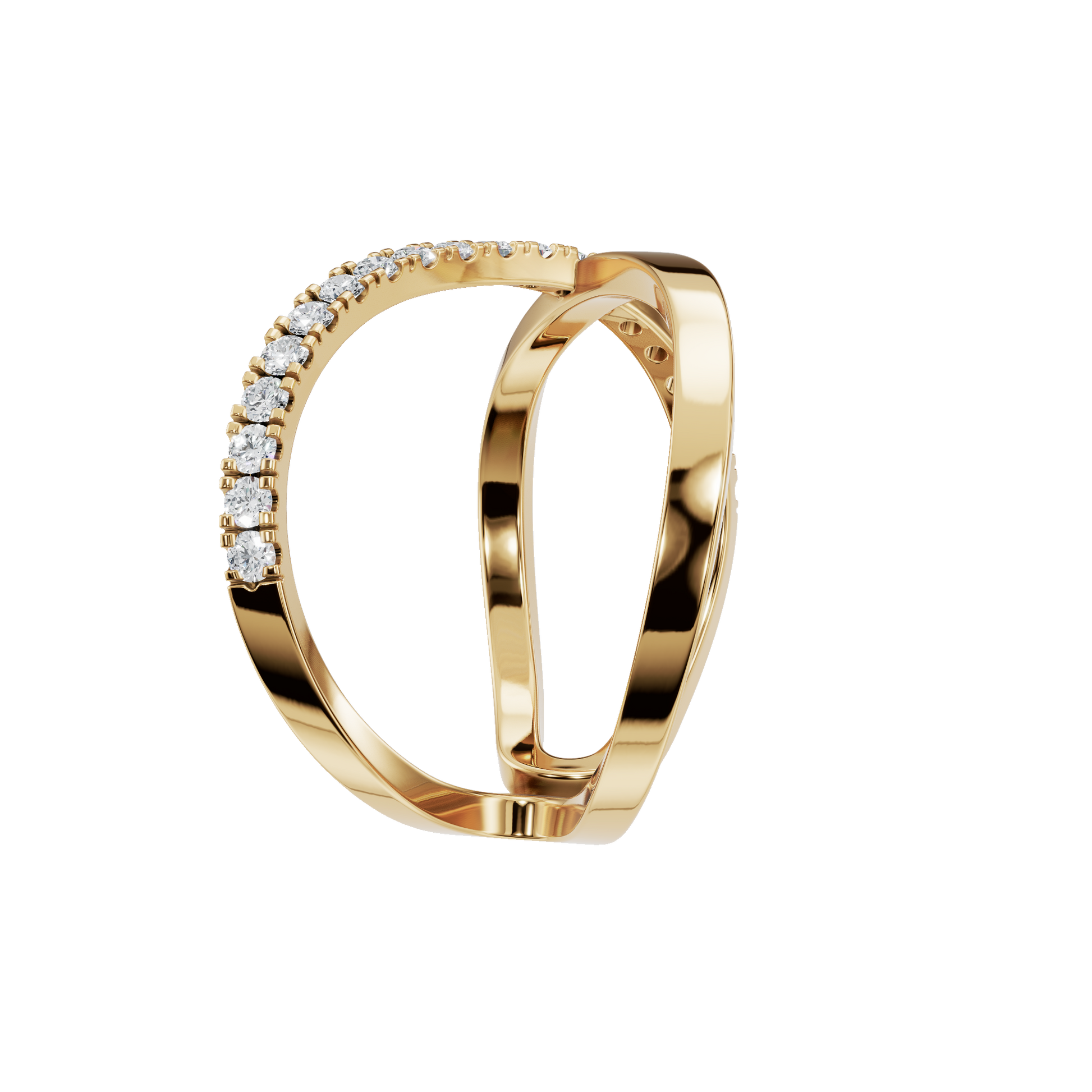 Kismet Diamond Crossover Ring in Yellow Gold side view | Roomy's Jewellery