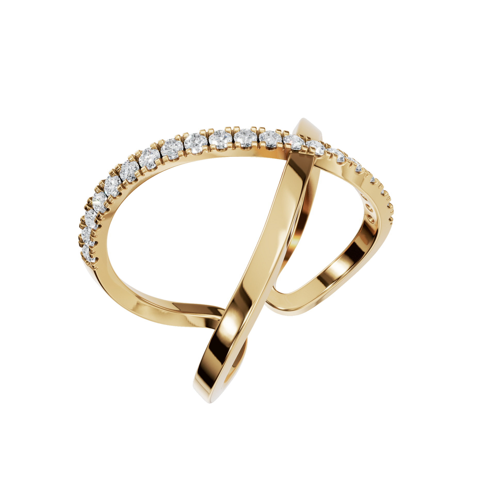 Kismet Diamond Crossover Ring in Yellow Gold angled view | Roomy's Jewellery