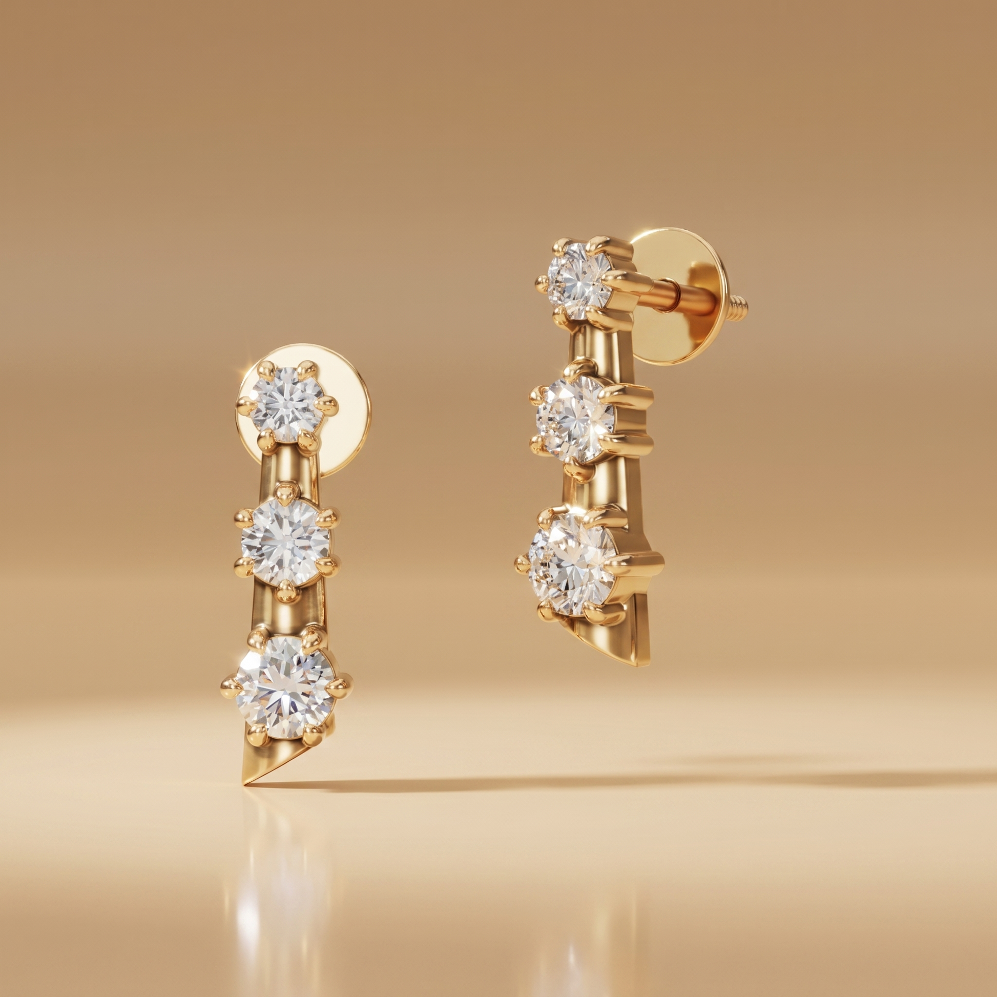 Three Stone Diamond Stud Earrings